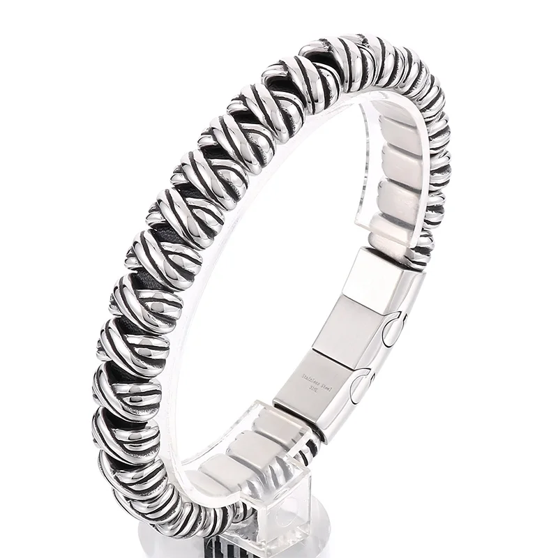 KALEN 225mm Fashion Cowhide Leather&Stainless Steel Wrapping Bandage Links Bracelet