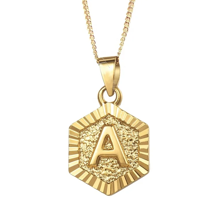 

Newly Fashion Stainless Steel 18K Gold Plated Women Necklace Jewelry 316L Stainless Steel Hexagon Initial Letter Necklace, Gold color