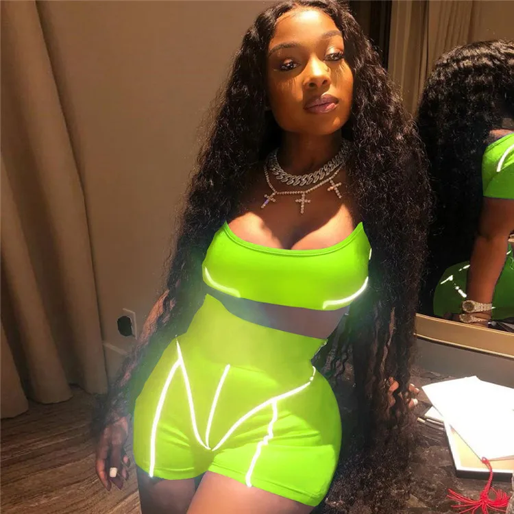

Summer Neon Clothes Night Out Outfits Reflective Short Sleeve Crop Top Shirt High Waist Trousers For Women 2 Peice Short Sets, As show
