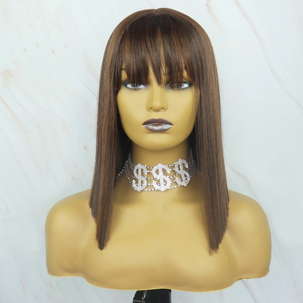 

Brown Mixed Color None Lace with Bangs 12 Inch Bob for Women Daily Use Futura Synthetic Fiber, Pic showed