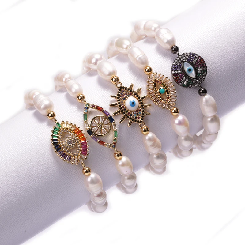 

2020 Hot Sale 24K Gold Plated Zircon Evileye New Charm Jewelry Natural Freshwater Pearl Bracelet for Gift