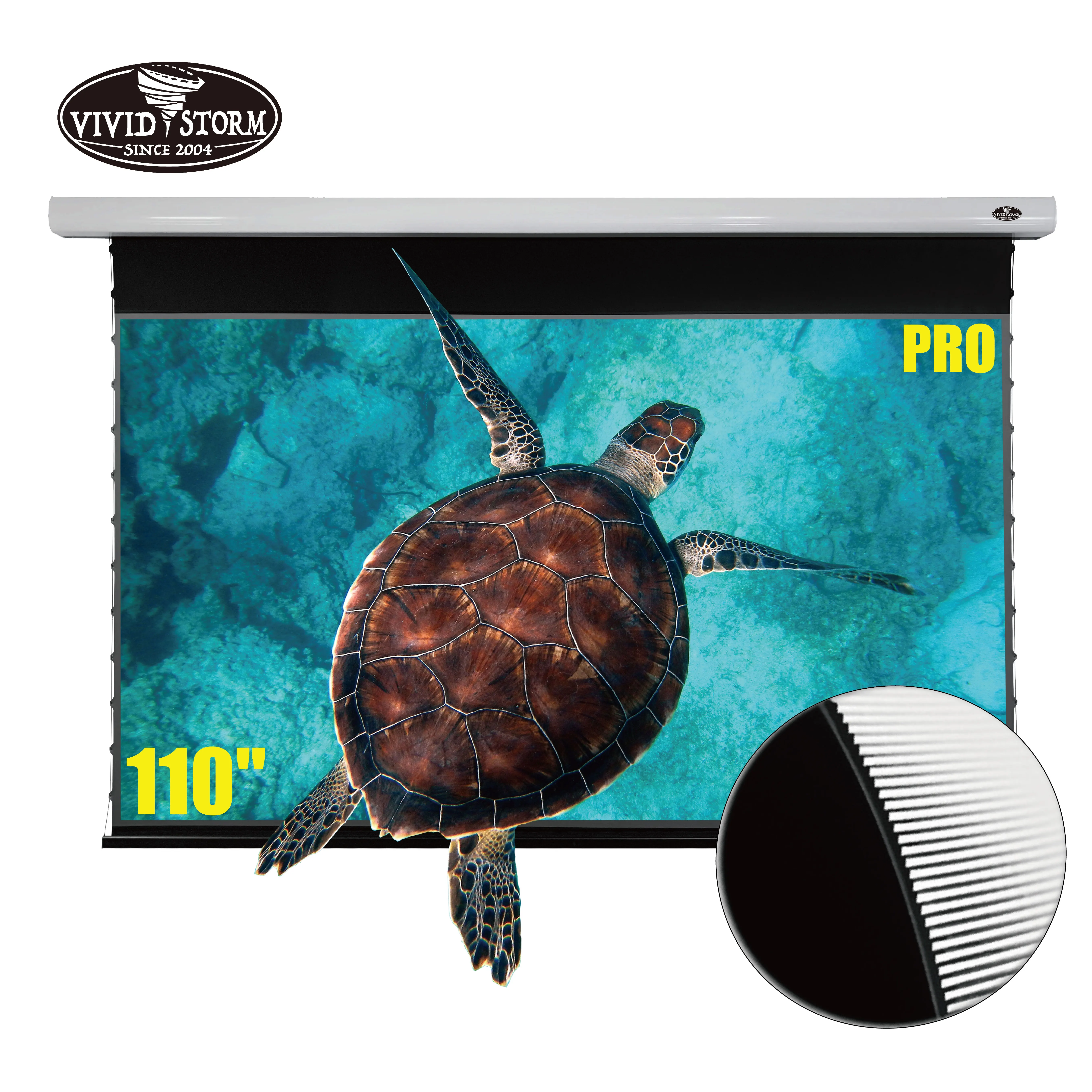 

VIVIDSTORM 110 inch PRO Slimline Electric tab-tensioned drop down ultrashort throw ambient light rejecting projector motorized