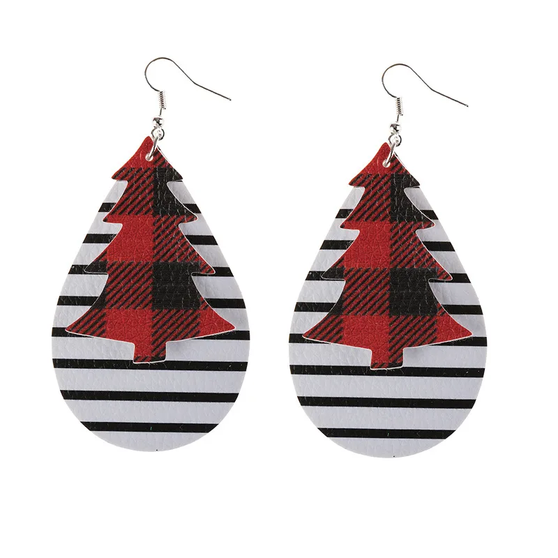 

New Arrival Christmas Jewelry Double Sided PU Leather Teardrop Earring Teardrop Leather Christmas Tree Earring, As picture shows