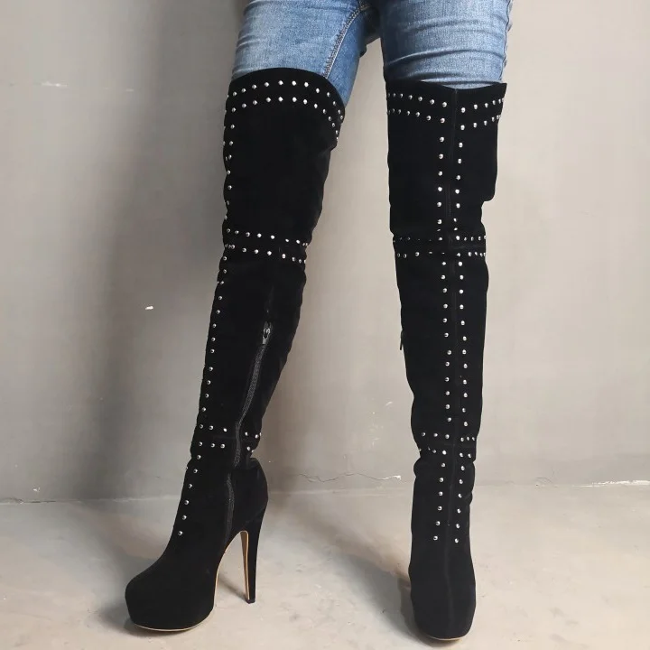 

Fashion Rivets Ornament Platform Women Over Knee High Boots Side Zip Round Toe Thin Heel Sexy Long Booties For Ladies Large Size, Black