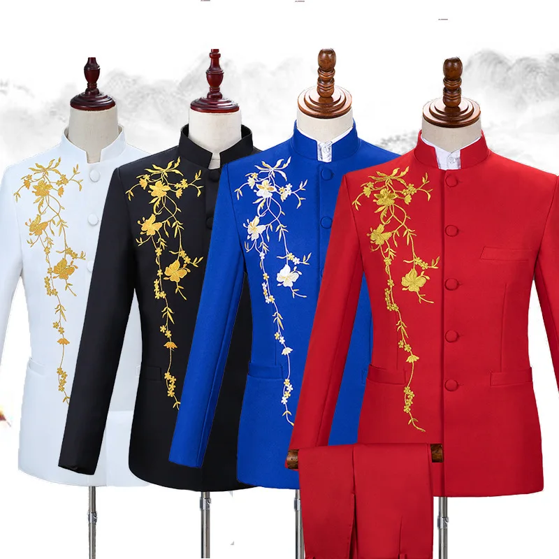 

embroidered stand-up collar Chinese tunic suit, Customized color