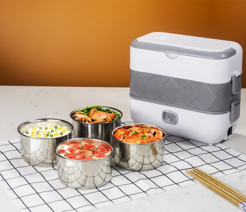

SQ06 Portable heating Lunch Box Double Layer Stainless Steel Food Container Gifts Plug in Lunch box Cooker, As pic