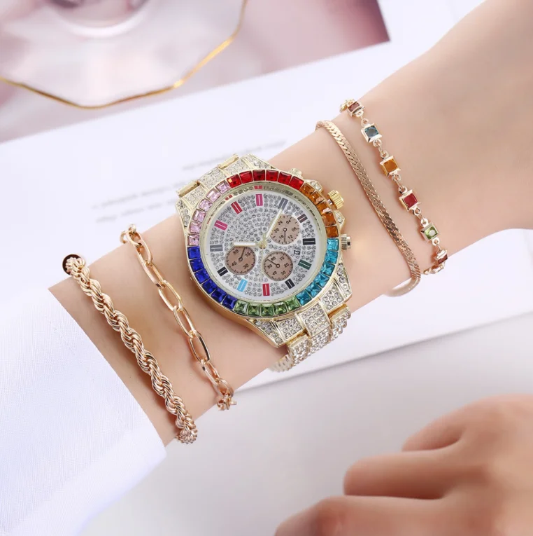 

5pcs/Set Women's Watches Luxury Hip Hop Jewelry Ladies Iced Out Full Rhinestones Diamond Quartz Wrist Watch Bracelet Sets 2021