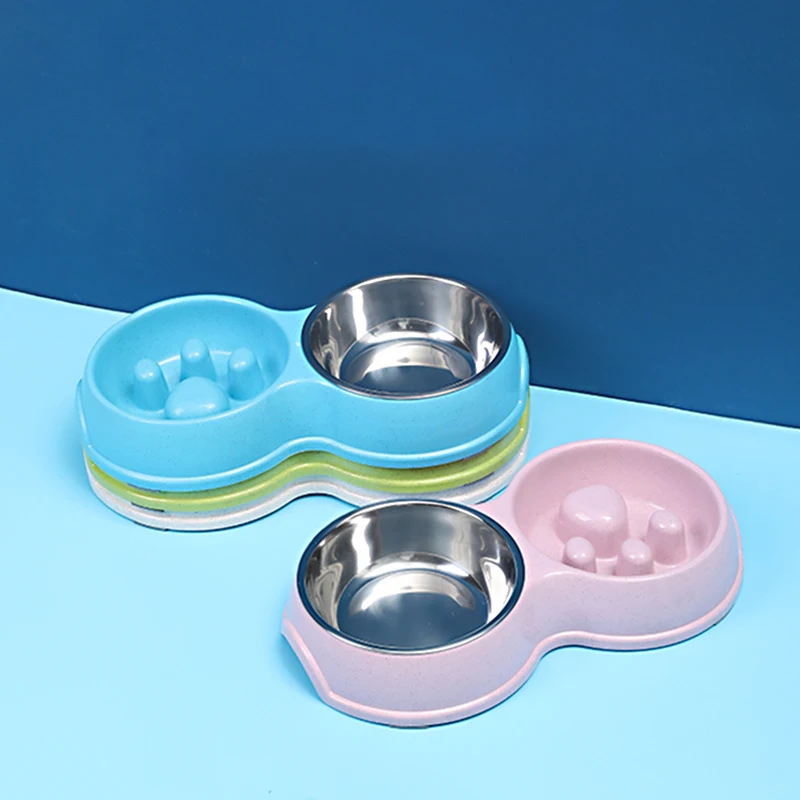 

Factory Direct Selling Wheat Straw Eco-friendly Stainless Steel Dog Double Bowl Pet Supplies, As picture