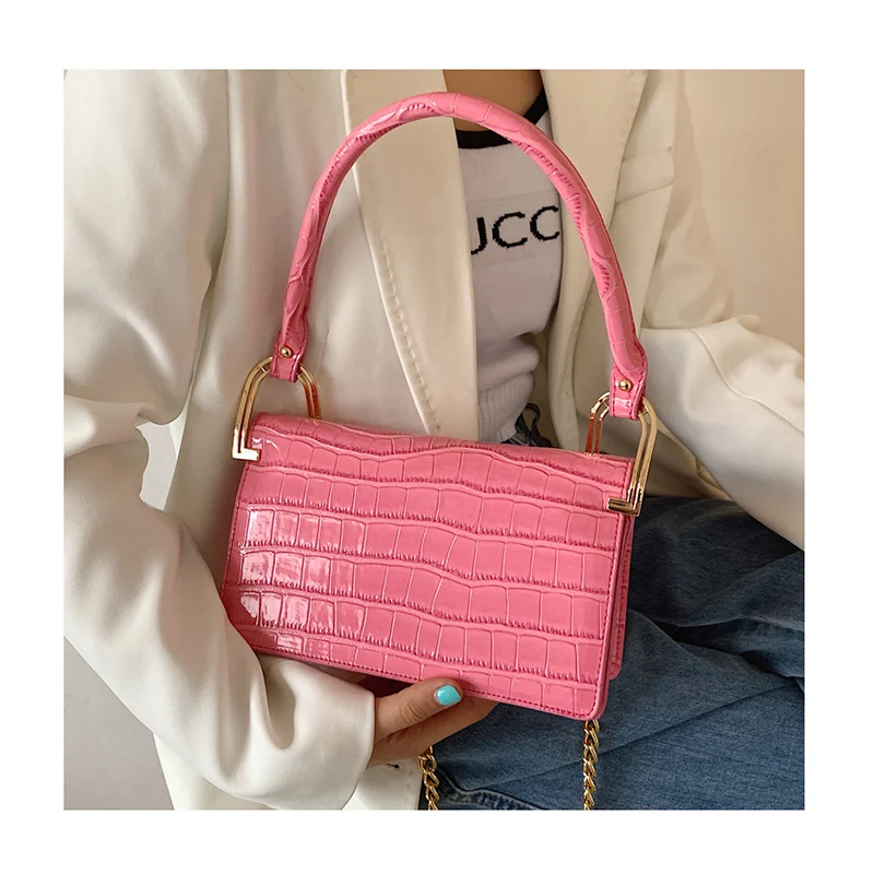 

Summer New Crocodile Print Shoulder Bag Big Metal Strap Stone Pattern Messenger Trendy Simple Small Crossbody Armpit Purse Sac