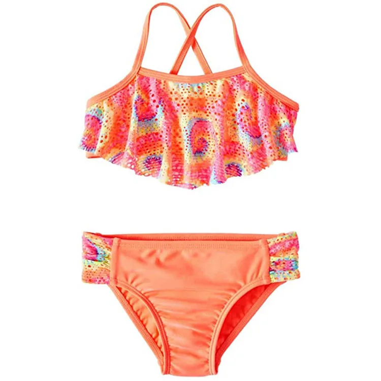 

High Quality Toddler Girls Tie Dye African Flower Printing Strap Flounce 2 Piece Bikini Swimwear, Provide color chart