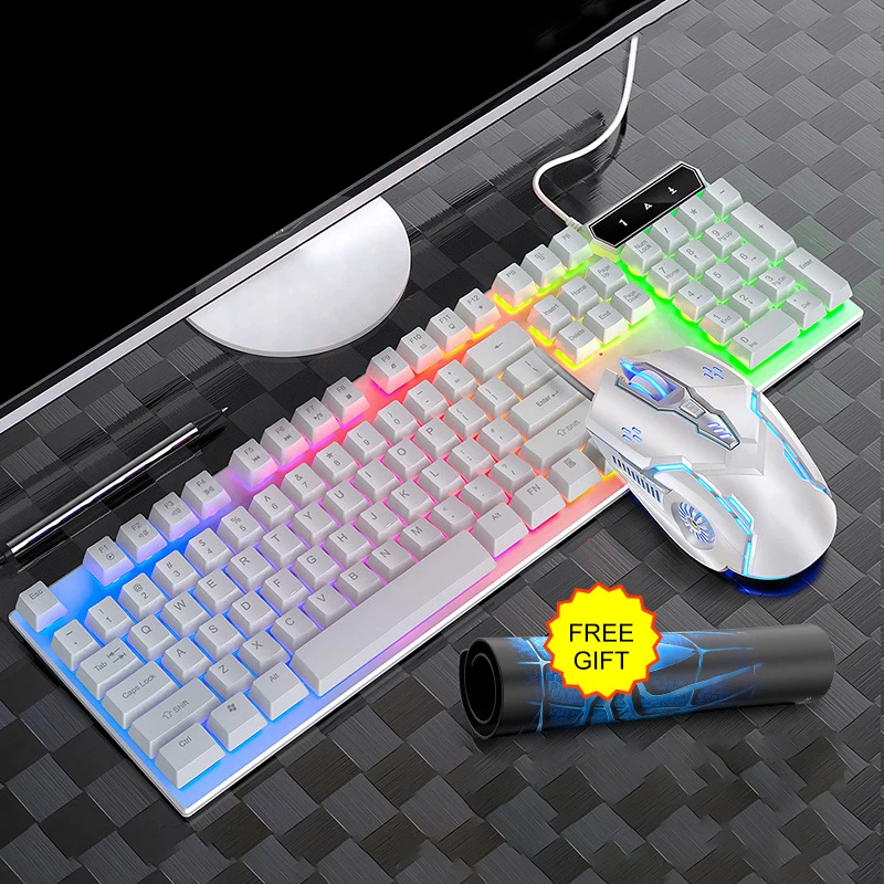 

Hottest Set with Free Mouse Pad Colorful LED Backlit Wired Gaming Mouse and Keyboard Combo for Internet Cafe, Black/white