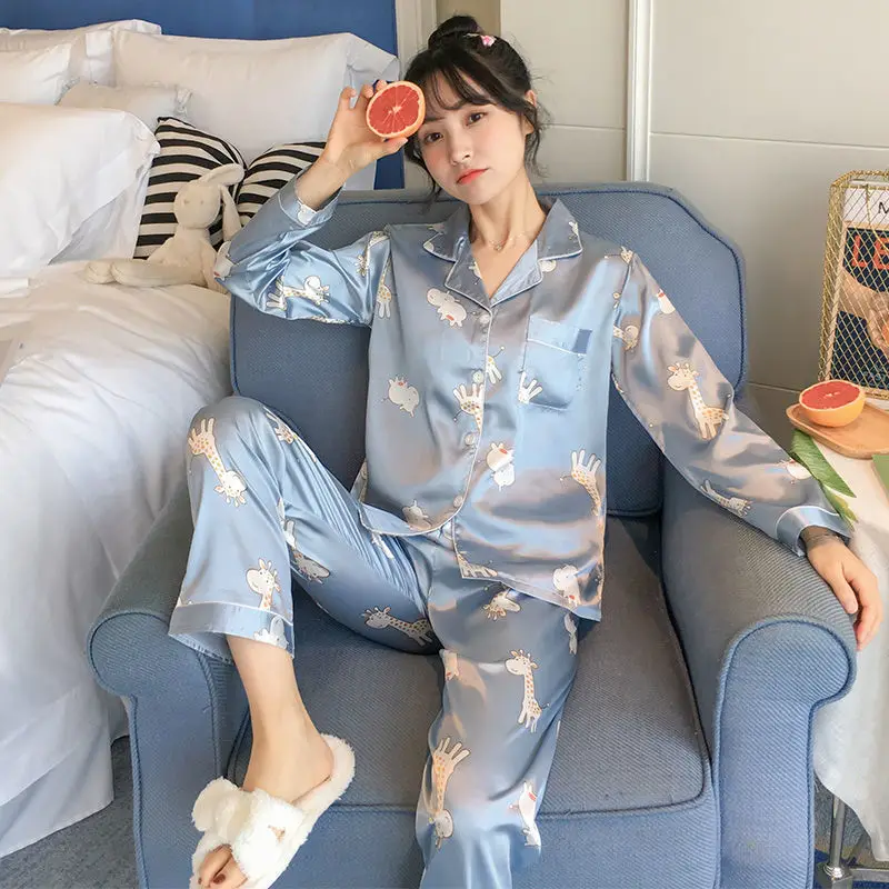 

Comfortable lounge wear Custom long dress sleepwear women cartoon ladies 100% silk pajamas set