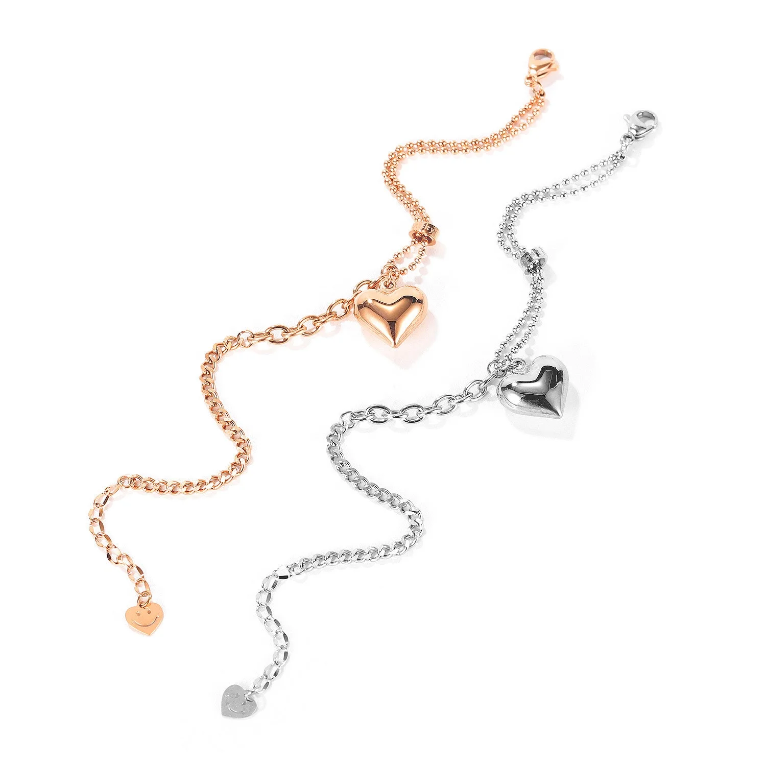 

Trendy Fashion Double Small Bead Chain Stainless Steel Heart Pendant Gold Plated Women Adjustable Bracelet