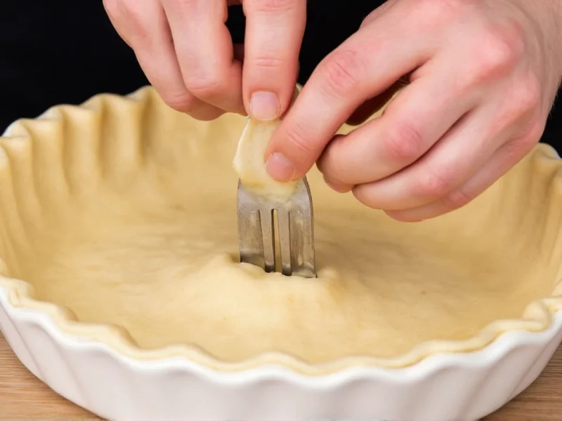 Hands pressing pie crust into dish with fork tines showing fluted edges