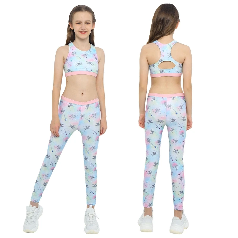 

New Arrived Summer Sportswear Kids Girls Cartoon Horse Stars Print 2 Pcs Tank Top High Waist Lengging Tracksuit Set