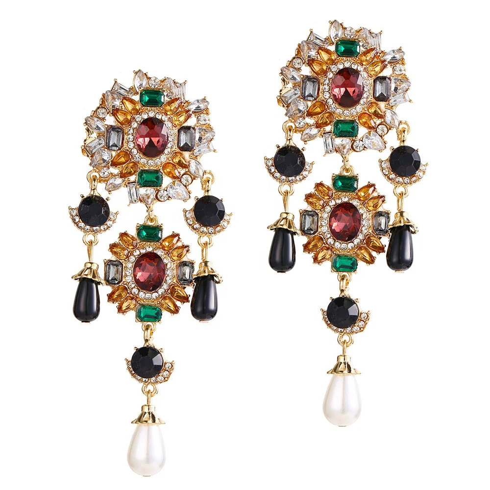 

5727 Creative Geometric Earrings Baroque Earrings Creative Retro Inlay Colored Rhinestones Pearl Drop Earrings