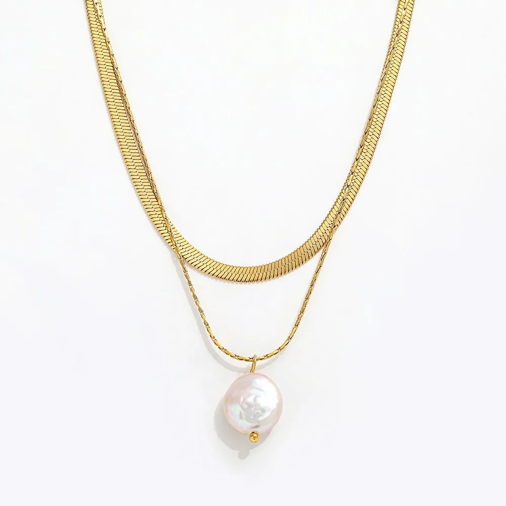 Joolim 18K PVD Gold Plated Single Freshwater Pearl Pendant Snake Chain Double-Layer Stainless Steel Parties Gifts