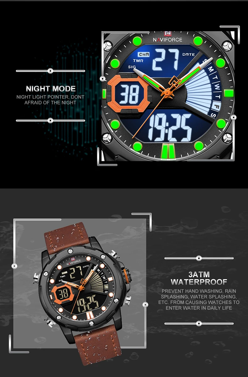 NAVIFORCE NEW Sports Chronograph Quartz Watch Men Dual Time Mens Watches Top Brand Luxury Analog Digital Male Clock Waterproof