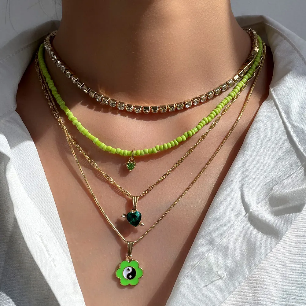 

New Fashion Twisted Rope Crystal Chain Heart-shaped Emerald Charm Necklace For Green Flower Yin Yang Necklace, Gold plated