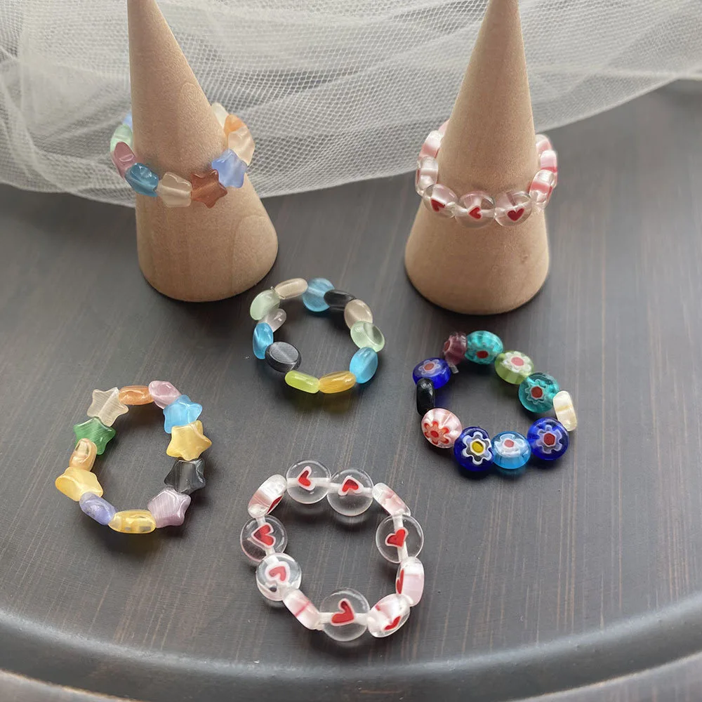 

2021 New fashion Colorful Aesthetic Jewelry Love Glass Vintage Ring Elastic Ladies Ring With Beads for Women, Show in the picture