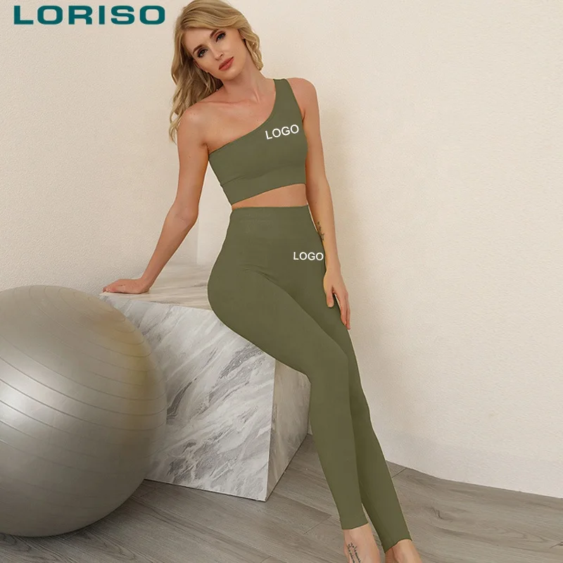 

In stock 2021 Women nude one shoulder seamless workout active gym wear fitness clothing yoga set training activewear for women, Multicolor optional