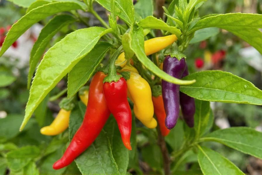 Close-up of ornamental pepper plant showing vibrant red, yellow, and purple peppers on a single bushy plant in container garden