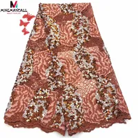 

Exclusive luxury african burn orange handmade beaded and sequins lace fabric 3d sequin flower tulle lace fabric for bridal