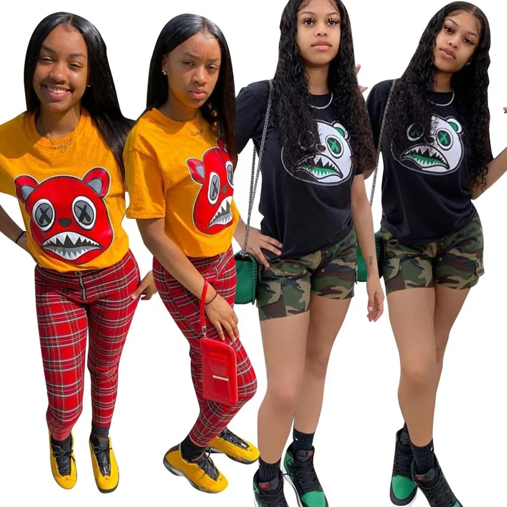 

XINYI-ALS187 casual designer shirts short sleeve cartoon bear pattern women shirts 2020 graphic tee shirt