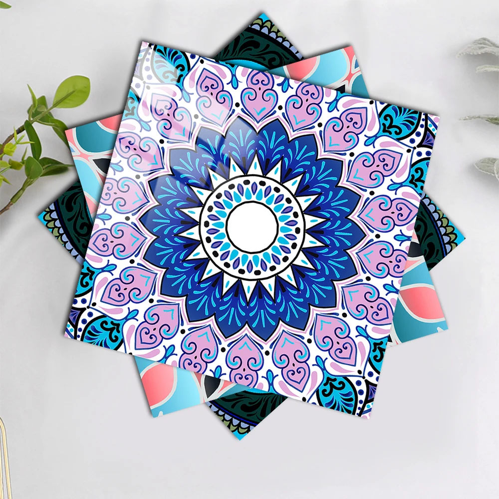 

Blue Mandala Style Crystal Hard Film Tile Sticker Kitchen Livingroom Decor Wall Decals Self-adhesive Removable Wallpaper