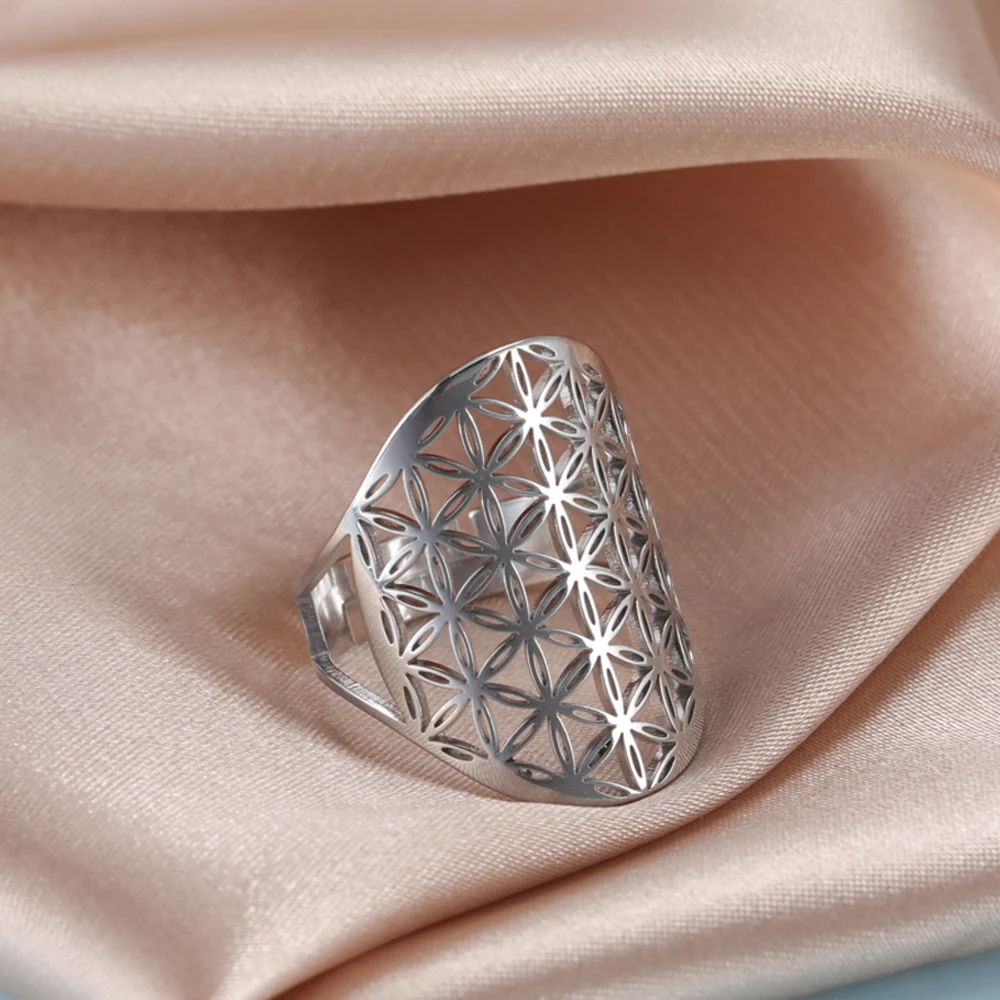 

Viking Flower of Life Ring Vintage Adjustable Stainless Steel Geometric Rings