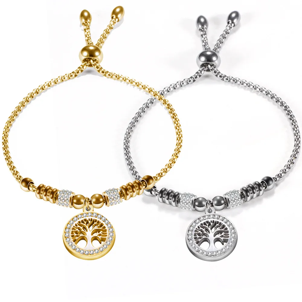 

Adjustable Tree of Life Shape CZ Stone Gold Plated Stainless Steel Bracelets for Women, Gold/steel