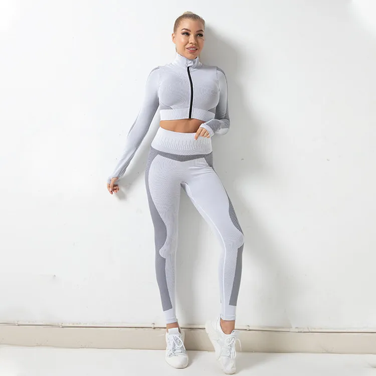 

2020 Women Yoga Sets Fitness Sportswear Zip Stand Collar Breathable Gym Leggings 2 Pcs Sports Suits Seamless Yoga Set, Customized colors
