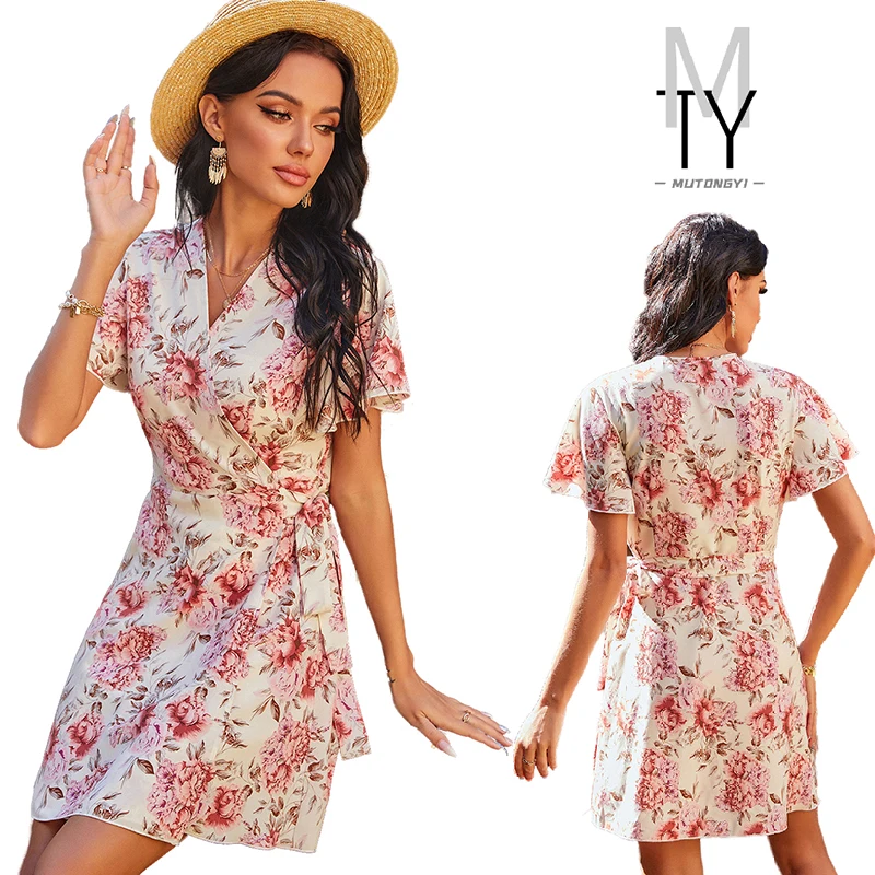 

Bohemian Dress Summer Casual Tropical Print Dress Above Knee Length Woman's Summer Dress, Multi