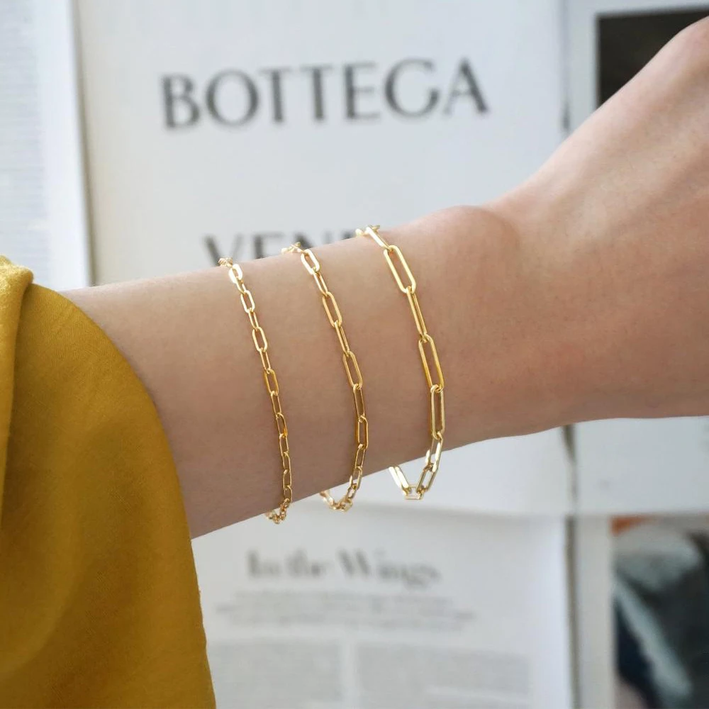 

2020 Stainless Steel Simple Gold Plated Rectangle Paper Clip Chain Bracelet Rectangle Link Chain Bracelets for Women