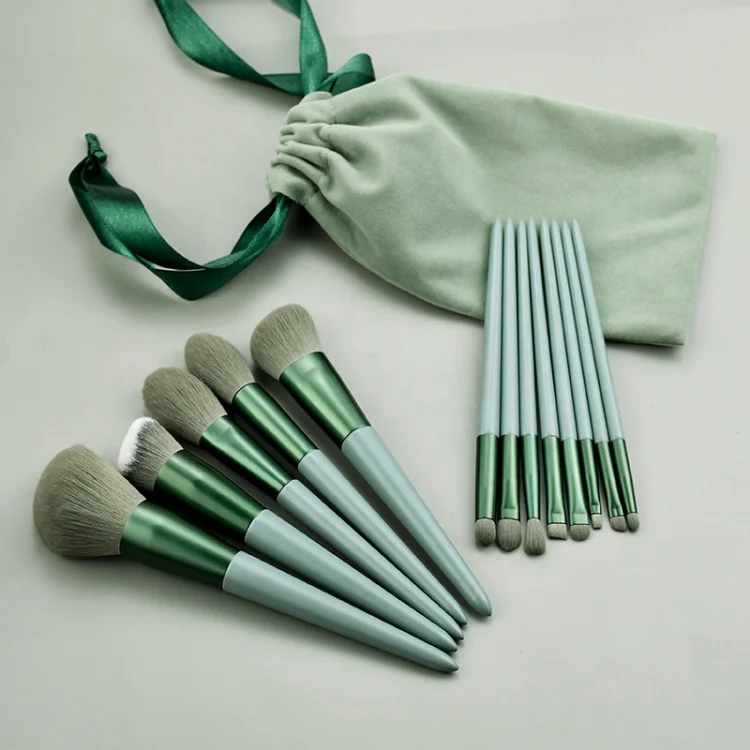 

13pcs Makeup Brushes Set for Foundation Powder Blush Eyeshadow Concealer Lip Eye Makeup Brush Cosmetics Beauty Tools, Green/brown