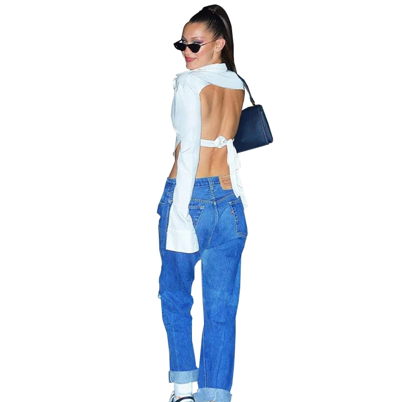 

Spring Fashion Elegant Long Sleeve Backless Lapel Crop Top Office Lady Casual Vacation White Shirt For Woman