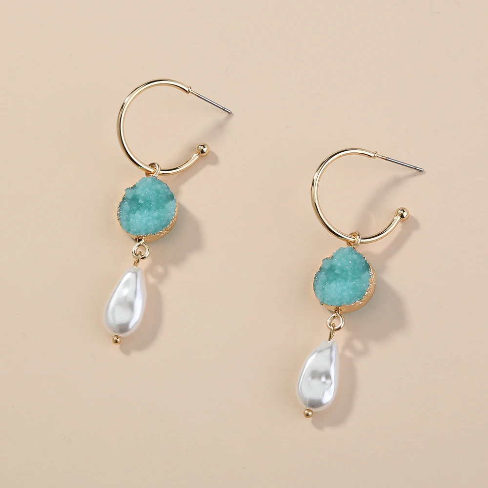 

Personality Simple Design Blue Drusy Quartz Baroque Pearl Earrings