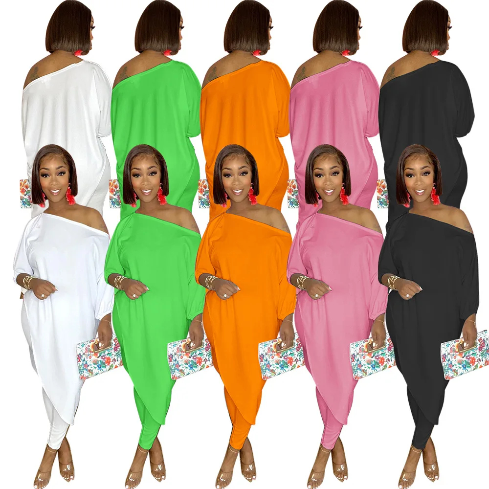 

QS51021 Wholesale autumn casual solid color two piece set loose t shirt outfits for women bodycon pants 2 piece set women
