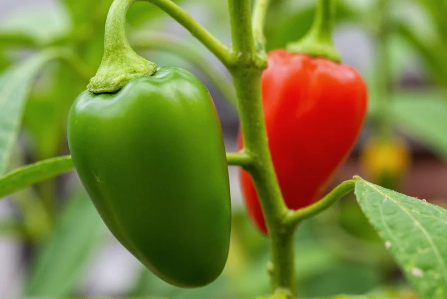 Close-up of green and red Peter Peppers showing their distinctive curved shape on plant