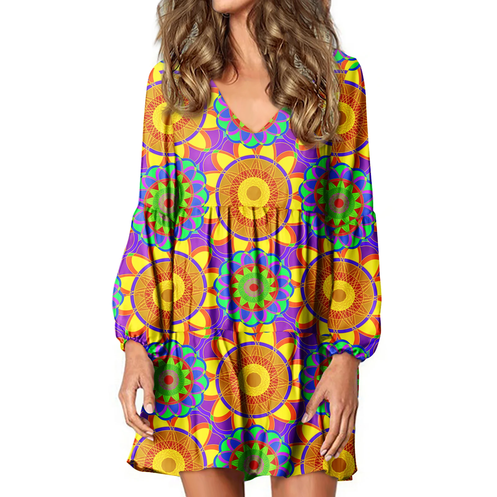 

Hot Sale 3D Print Custom Personalised Plus Size Dress Loose V-neck Womens Casual Lantern Long Sleeve Dress