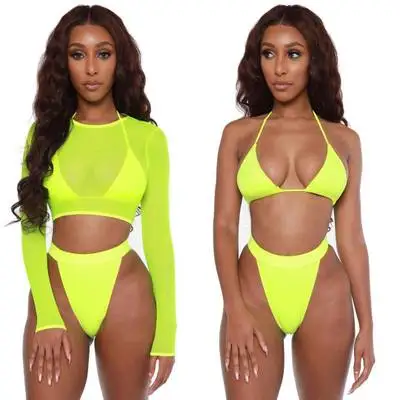 

M9074 3 Pieces Swimsuit Sexy Women Mesh Long Sleeve High Waist Bikini Sets Push Up Swimwear Bra+Bottom+Cover Up Swimsuit