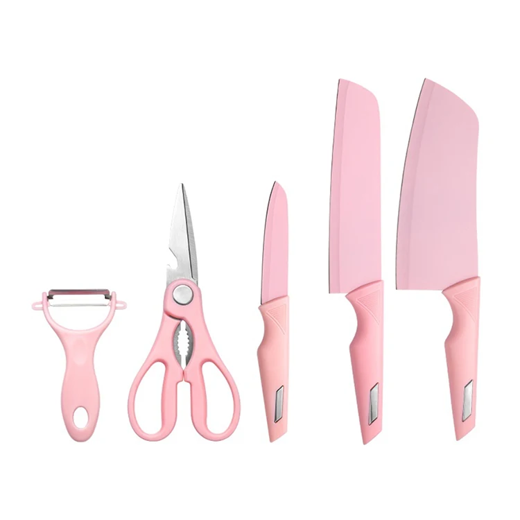 

A1091 5 Pieces Stainless Steel Knife Set Kitchen Meat Cutting Knife Combination Set Cooking Cutter Tool Knives Peeler Set, Pink,black