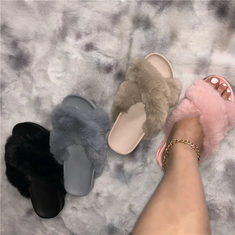 

customized faux fur slides slippers winter warm outdoor fluffy fox ladies sandals soft fur shoes, Customized color