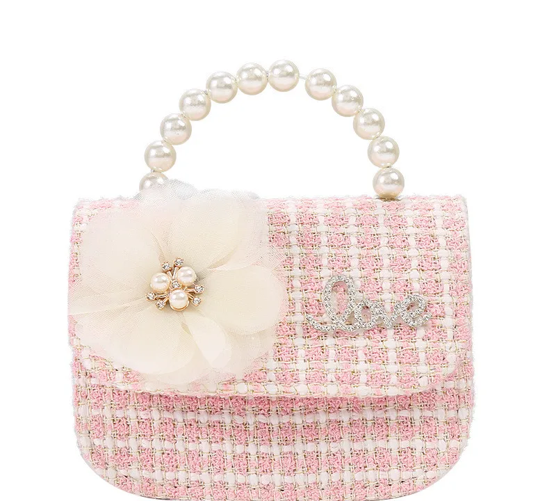 

MSYO Cute PU Pearl Flowers Metal Chain Handbag Messenger Bags Toy Phone Coin Storage Bag Color Houndstooth Kids Messenger Bags