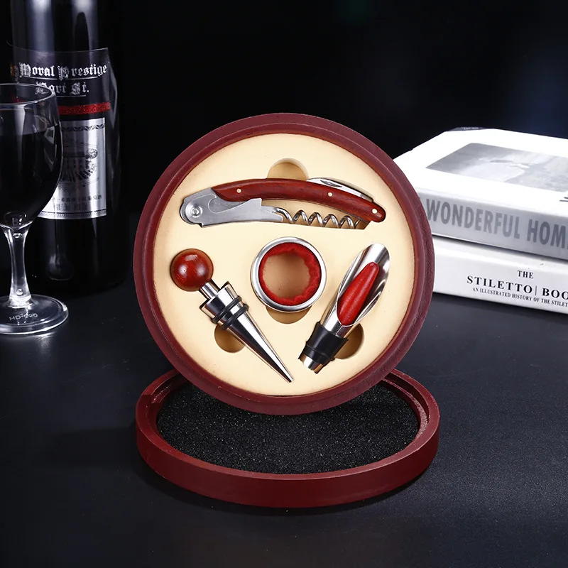 

wholesale high end round shape wooden wine opener set with wine tool accessories and wine cork screw opener