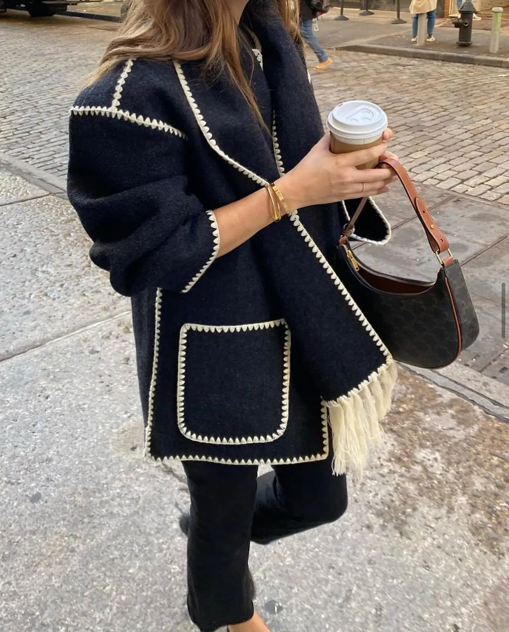 

2023 new arrivals autumn and winter fashion tassel scarf loose casual embroidered jacket coat