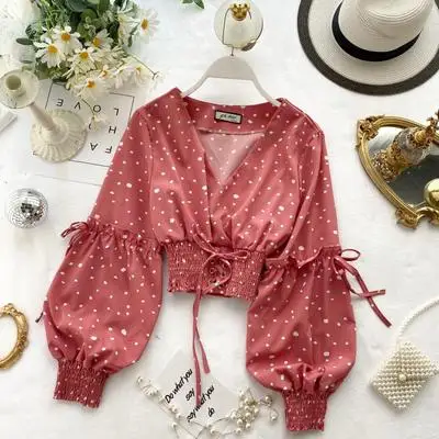 

Polka Dot Short Women Blouses and Tops Sexy V Neck Bandage Chic Puff Sleeve Shirts Spring Korean Blusas Casual girl tops
