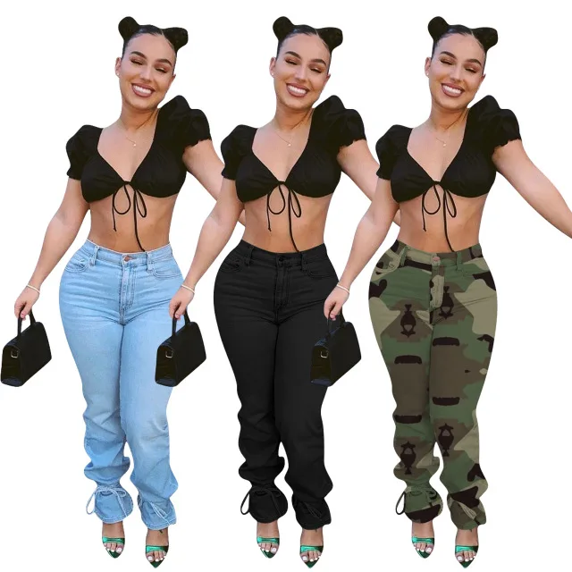 

Fashion Long Three Color Denim Jeans Women Fall Clothing Pant Skinny High Waist Pencil Pants, Black, army green, camouflage