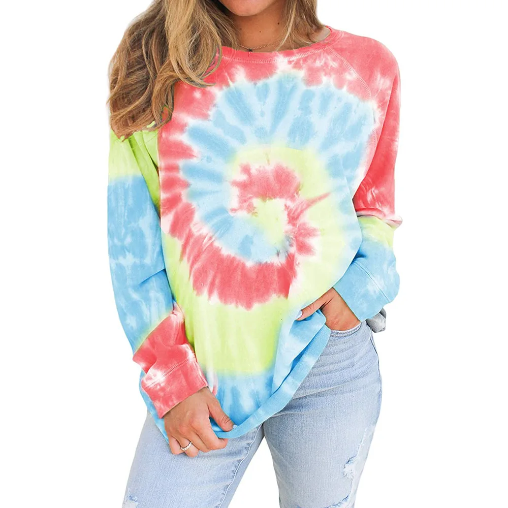 

WW-0319 To Dye Printing Round Neck Long Sleeve Head Loose Fleece Womans Tie Dye Tops Pullover Personalized Hoodie Sweatshirt, Customized color