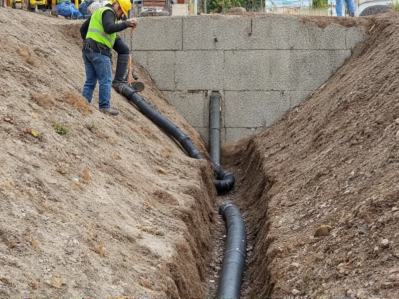 Installing drainage pipe behind retaining wall for water management